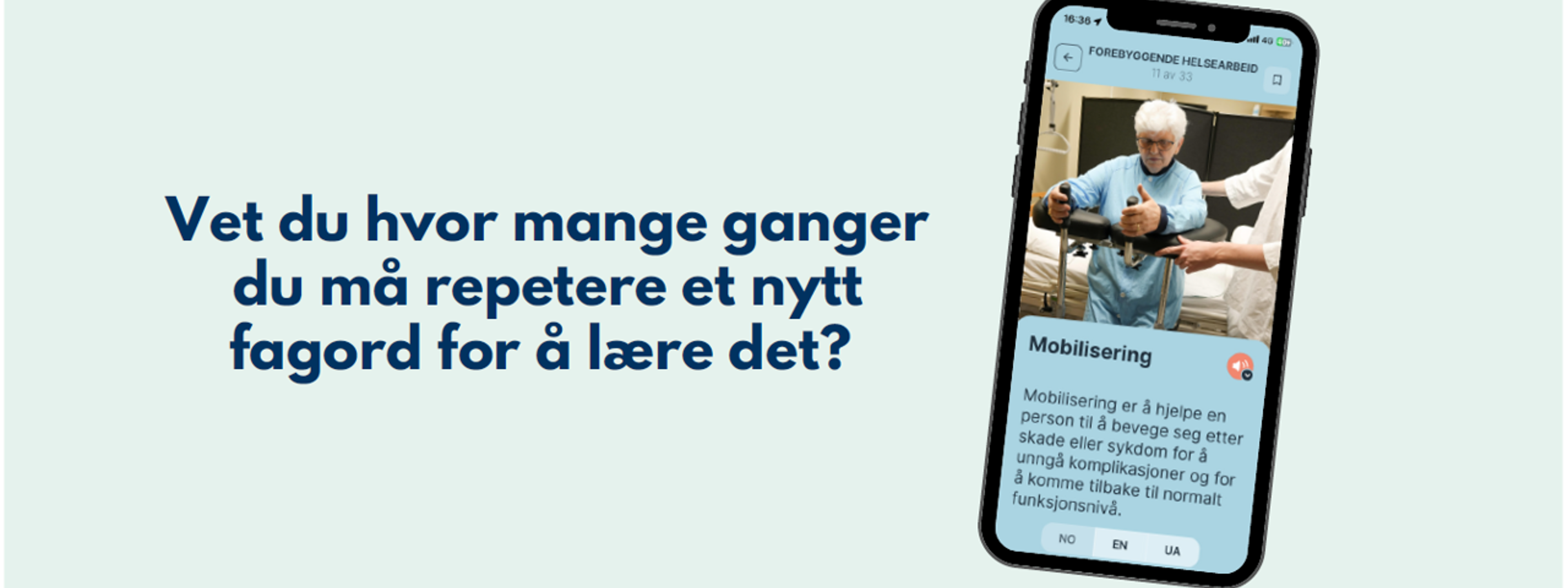 Ei side frå presentasjonen "Kom i gang med KLAR app".  Viser eit skjermbilde frå appen og teksten "Vet du hvor mange ganger du må repetere et nytt fagord for å lære det?"